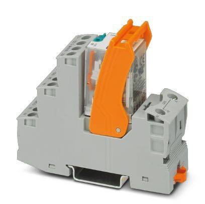 Ein graues Relais mit orangem Hebel, typischerweise für industrielle Anwendungen, montiert auf einer DIN-Schiene.