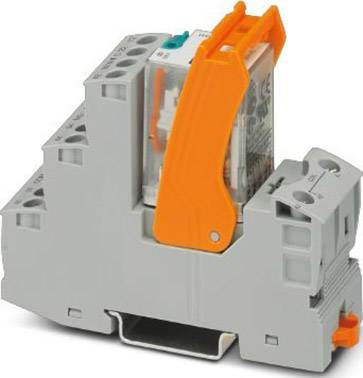 Ein graues Relaismodul mit orangefarbenem Hebel, montiert auf einer DIN-Schiene, zur elektrischen Steuerung in Schalttafeln.