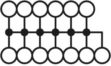 Ein einfaches Linien-Diagramm mit sechs Kreisen in zwei Zeilen verbunden durch horizontale und vertikale Linien.