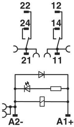 Grafik zeigt ein elektrisches Schaltplan: zwei parallel geschaltete Schalter oben, Diode, Widerstand und Schaltkreise unten verbunden.