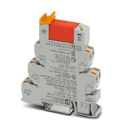 Ein graues elektronisches Bauteil mit orangen und grauen Anschlüssen, vermutlich ein Relais oder Schalter, mit technischen Spezifikationen bedruckt.