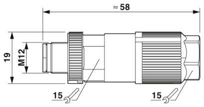 Technische Zeichnung eines Steckverbinders. Gesamtlänge etwa 58 mm, Durchmesser M12. Markierungen für Abstände von 15 mm und 19 mm.