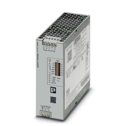 Ein graues elektrisches Schaltnetzteil-Gerät mit technischen Spezifikationen aufgedruckt. Herstellerinformationen sind ersichtlich.