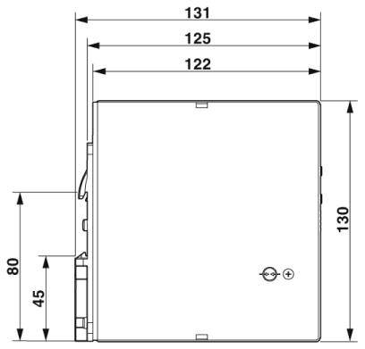 Technische Zeichnung eines rechteckigen Kastens mit Maßen: Breite 131 mm, 125 mm, 122 mm vorne; Höhe 130 mm und 80 mm.