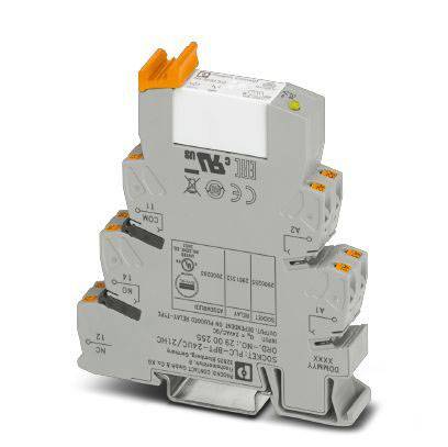 Elektrisches Relais-Modul in Grau mit orangefarbenen Hebeln, präsentiert Herstellerinformationen und Anschlusspunkte auf der Vorderseite.