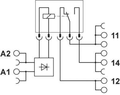 Relais-Schaltplan mit Anschlüssen A1, A2 und Schalter zu 11, 14, 12. Diode zwischen A1 und A2. Grafische Darstellung der Schaltung.