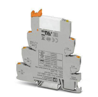 Ein graues elektrisches Bauteil mit orangefarbenen Elementen und beschrifteten Anschlüssen wird aufrecht gezeigt. Es trägt die Marke 'Phoenix Contact'.