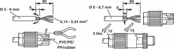 Diagramm zeigt Montageanleitung für Kabel. Links: Abisolieren 5-6 mm. Rechts: Einführen in Hülle, Schrauben anziehen mit 5 Nm.