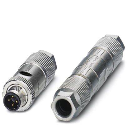 Zwei metallische, zylindrische Steckverbinder mit gerändelten Oberflächen und Mehrpolkontakten. Mechanische Verbindungskomponenten.