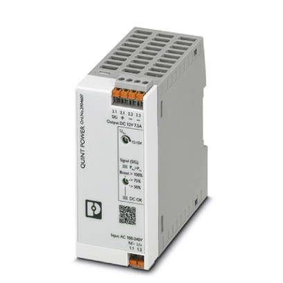 Ein weißes QUINT POWER Netzteilgerät mit Beschriftung 'Output: DC 12V 75A'. Es hat mehrere Eingangs- und Ausgangsanschlüsse oben.