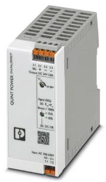 Industrienetzteil mit grauem Gehäuse, Produktname 'QUINT POWER', angibt Eingangsspannung AC 100-240V und Ausgang DC 24V 1.3A.