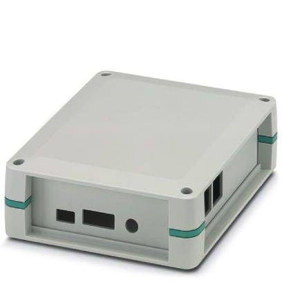 Ein rechteckiges, graues Kunststoffgehäuse mit abgerundeten Ecken und grünen Linien, geeignet für elektronische Geräte oder Steuerungen.