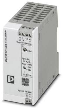 Industrienetzteil im Gehäuse mit Markierungen: 'QUINT POWER', Eingang: AC 100-240V, Ausgang: DC 24V/5A. Enthält Statusindikatoren.