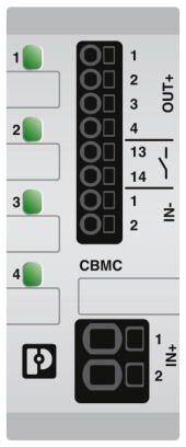 Elektronisches Gerät mit vier grünen Leuchten links und nummerierten Anschlüssen rechts. Beschriftet mit 'OUT+' und 'CBMC'.