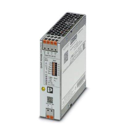 Ein rechteckiges, silbergraues Schaltnetzteil von Phoenix Contact mit orangefarbenen Anschlüssen und Aufschriften auf der Vorderseite.