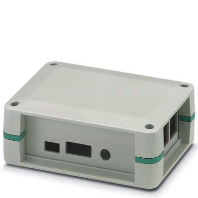 Ein rechteckiges, graues Kunststoffgehäuse mit zwei Schlitzen und einem runden Loch, möglicherweise für elektronische Geräte.