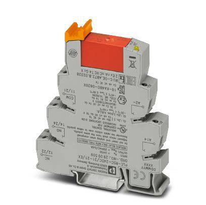 Ein graues elektrisches Relaismodul mit einem orangefarbenen Hebel und schwarzer Beschriftung, das zur Steuerung elektrischer Schaltungen dient.