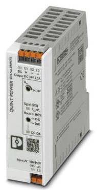 Elektronisches Bauteil 'QUINT POWER', ein Netzteil von Phoenix Contact, zeigt Ein- und Ausgänge links und technische Spezifikationen rechts.