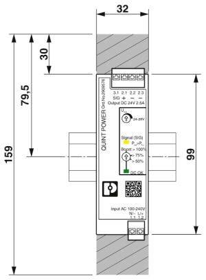 Ein Schaltnetzteil-Modul mit den Maßen 32 x 159 mm, Eingang AC 100-240V, Ausgang DC 24V 2,5A, im Gehäuse montiert.