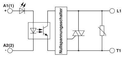 Schaltplan eines Nullspannungsschalters mit Dioden, LEDs und einem Thyristor (T1) in einem Stromkreis zwischen A1(+), A2(-) und L1.