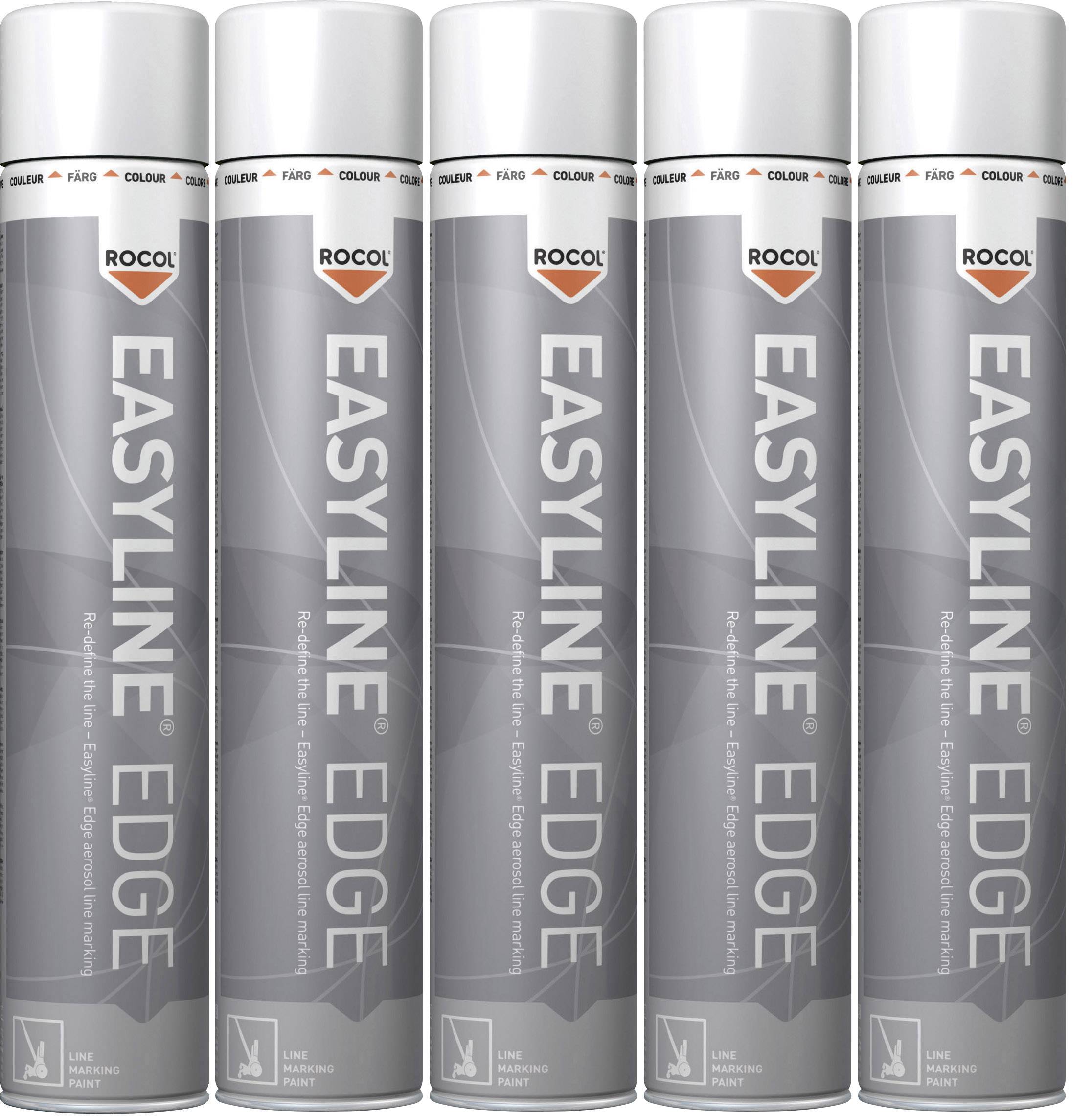 Eine Reihe von fünf silbernen Spraydosen der Marke 'Rocol Easlyline Edge'. Sie stehen nebeneinander ausgerichtet.