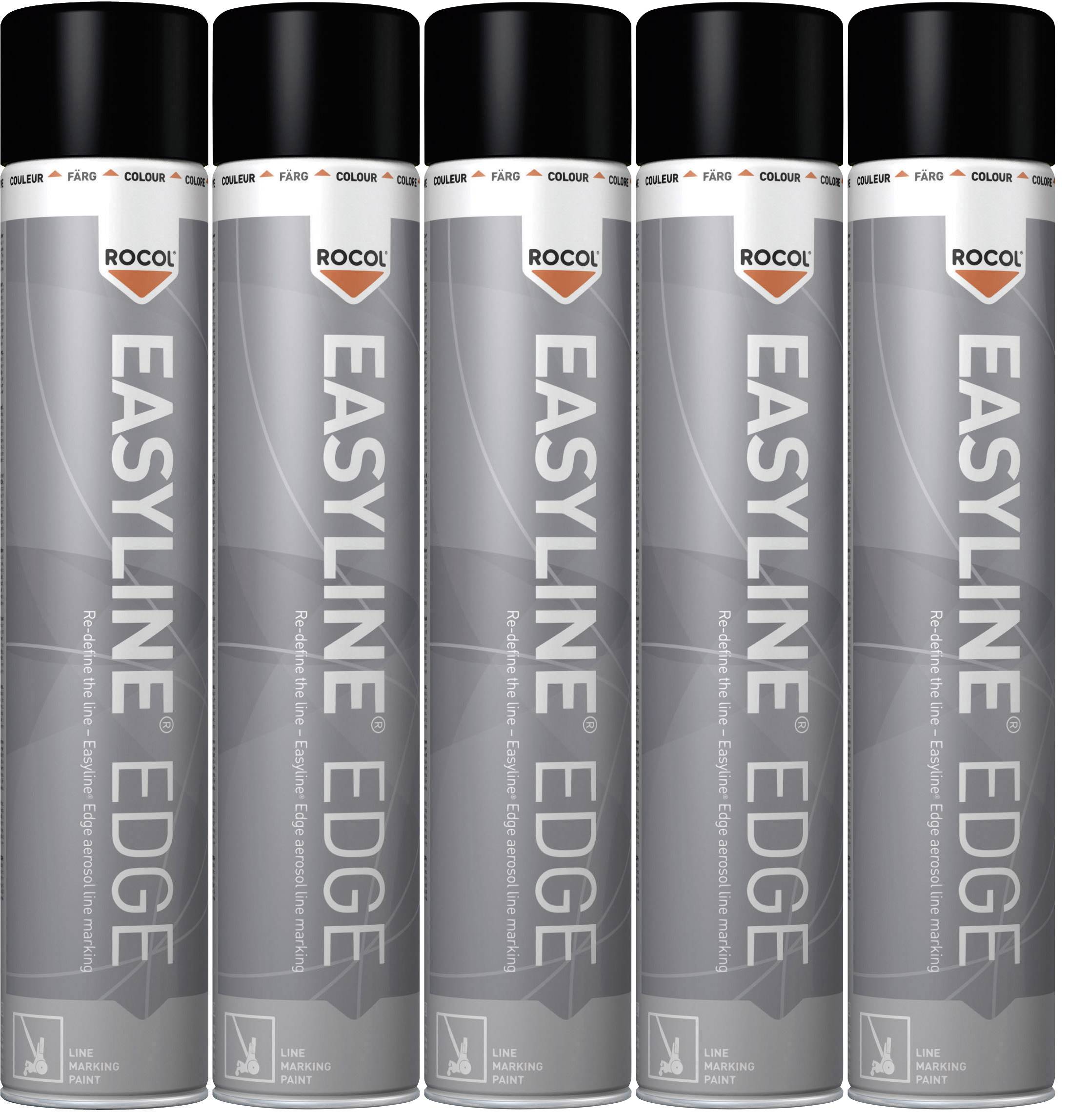 'Rocol Easyline Edge' Spraydosen, nebeneinander stehend, zeigen Etikett und Logo. Produkt für Bodenmarkierungen.