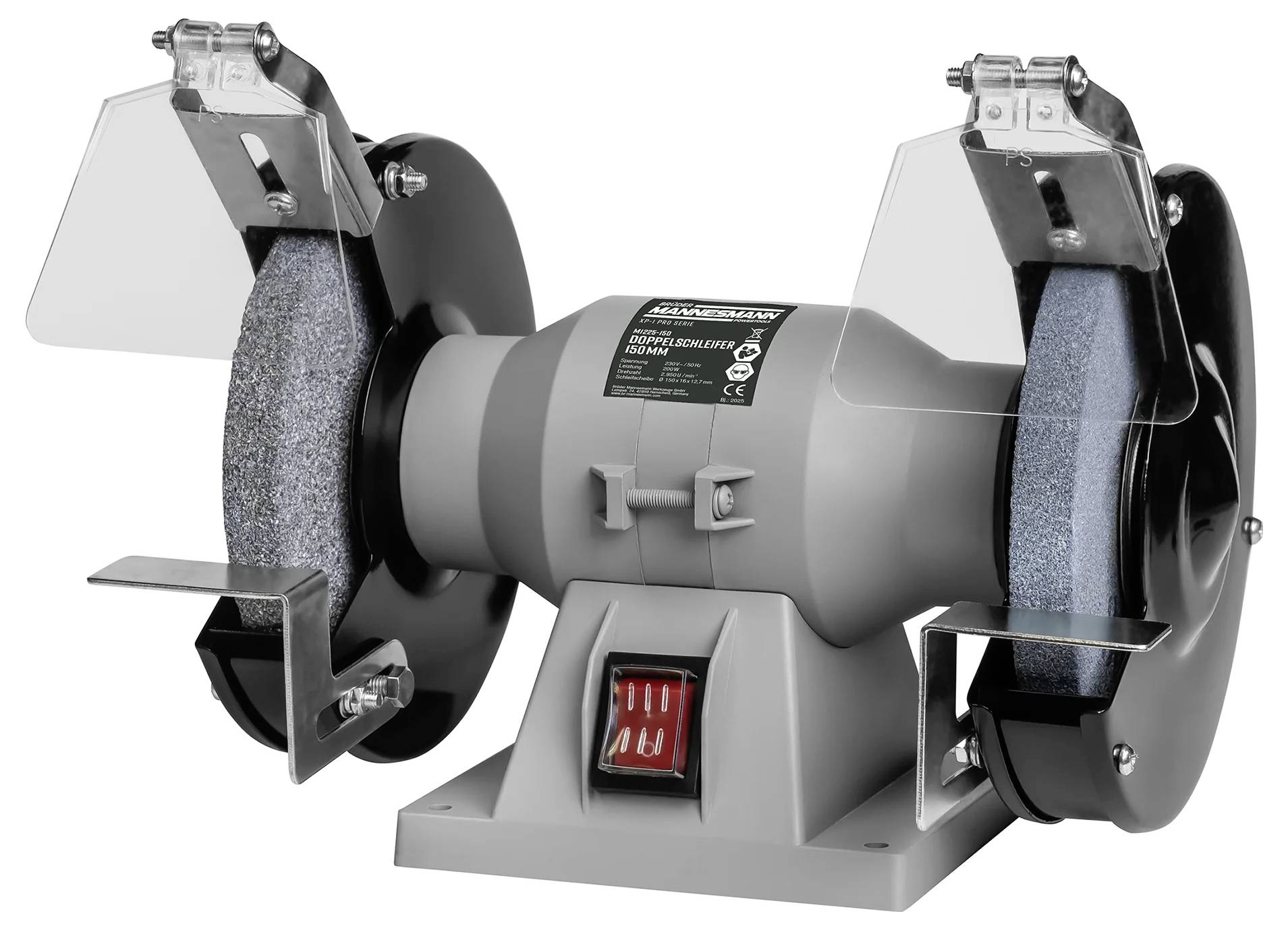 Eine graue Bankschleifmaschine mit zwei Schleifscheiben und transparenten Sicherheitsabdeckungen an beiden Seiten. Ein roter Hauptschalter ist in der Mitte der Basis positioniert.