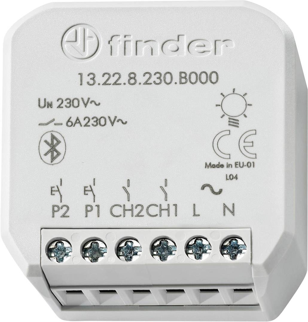 Weißes elektrisches Bauteil mit Aufschrift 'Finder' und technischen Spezifikationen. Anschlüsse und Symbole zum Anschluss erkennbar.