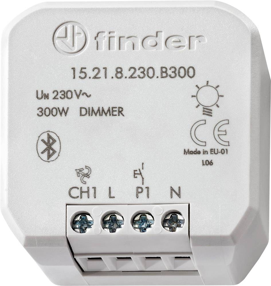 Elektronischer Dimmer-Modul, Marke Finder, Modellnummer 15.21.8.230.B300, geeignet für 230V, 300W. Enthält Bluetooth-Symbol.