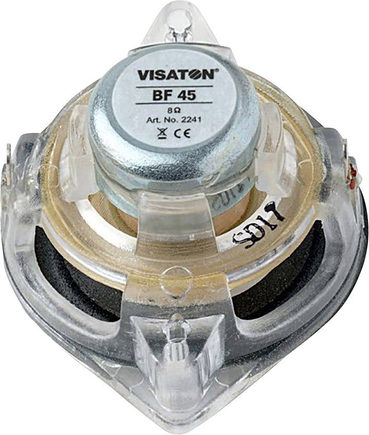 'Visaton BF 45 8Ω Lautsprecher' von oben, in klarem Gehäuse, zeigt die kompakte Bauweise eines kleinen Lautsprechers.