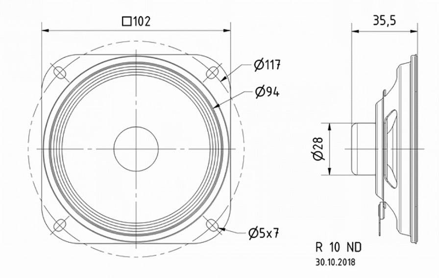 Technische Zeichnung eines Lautsprechers mit Abmessungen: 102 mm Breite, 35,5 mm Tiefe, Bohrungen Ø5. Wichtige Maße markiert.