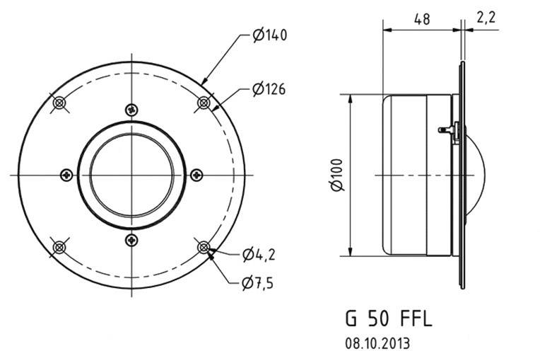 Technische Zeichnung einer runden Befestigung mit Maßen: Durchmesser 140 mm und 126 mm. Seitenansicht zeigt Höhe 48 mm.