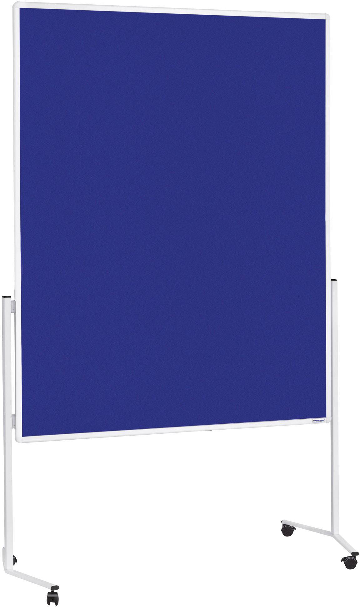 Eine blaue Pinnwand auf einem weißen Gestell mit Rollen, verwendet für Präsentationen oder zur Organisation von Notizen.