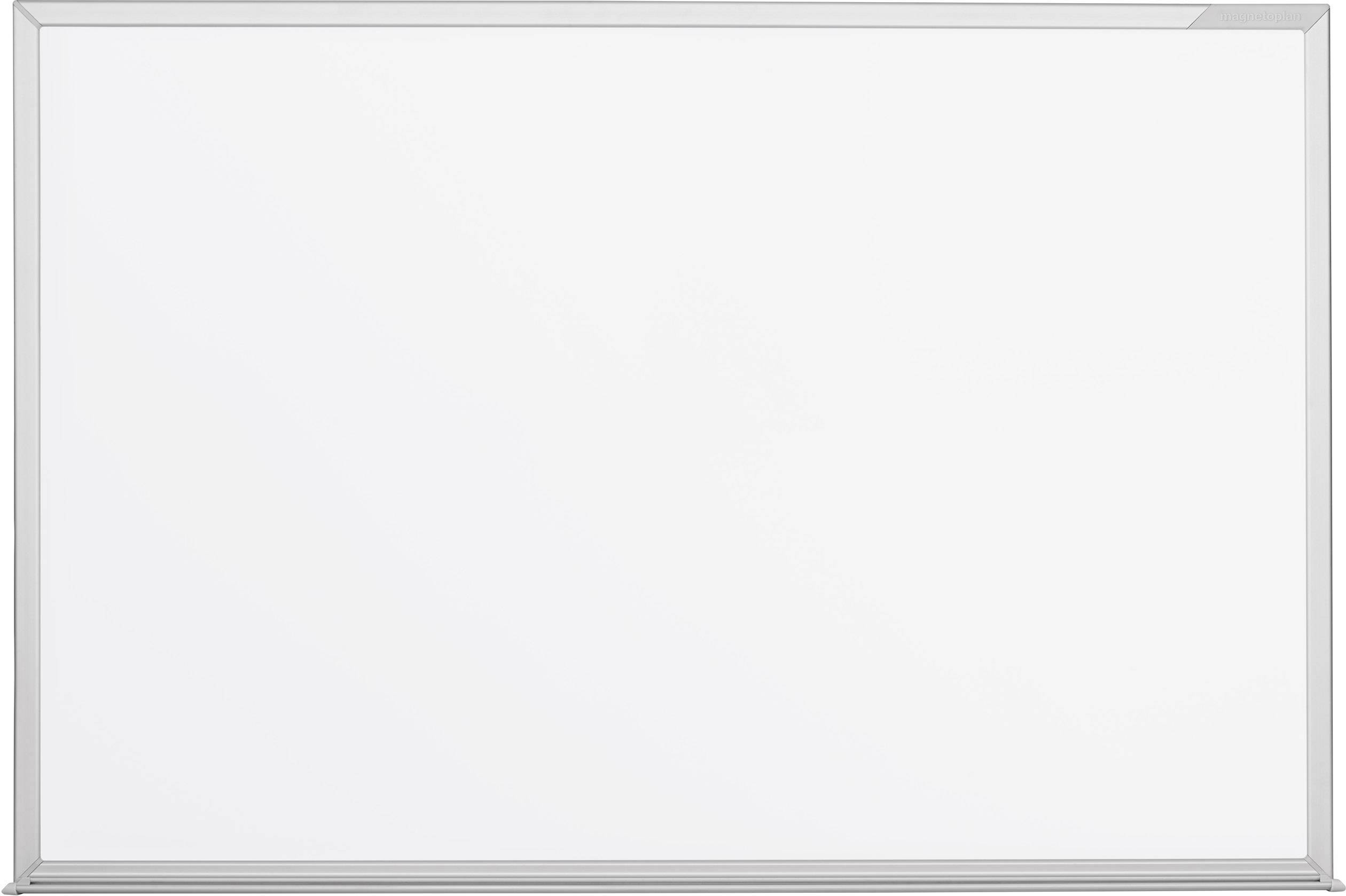 Leeres Whiteboard mit silbernem Rahmen, bereit für Präsentationen oder Notizen.