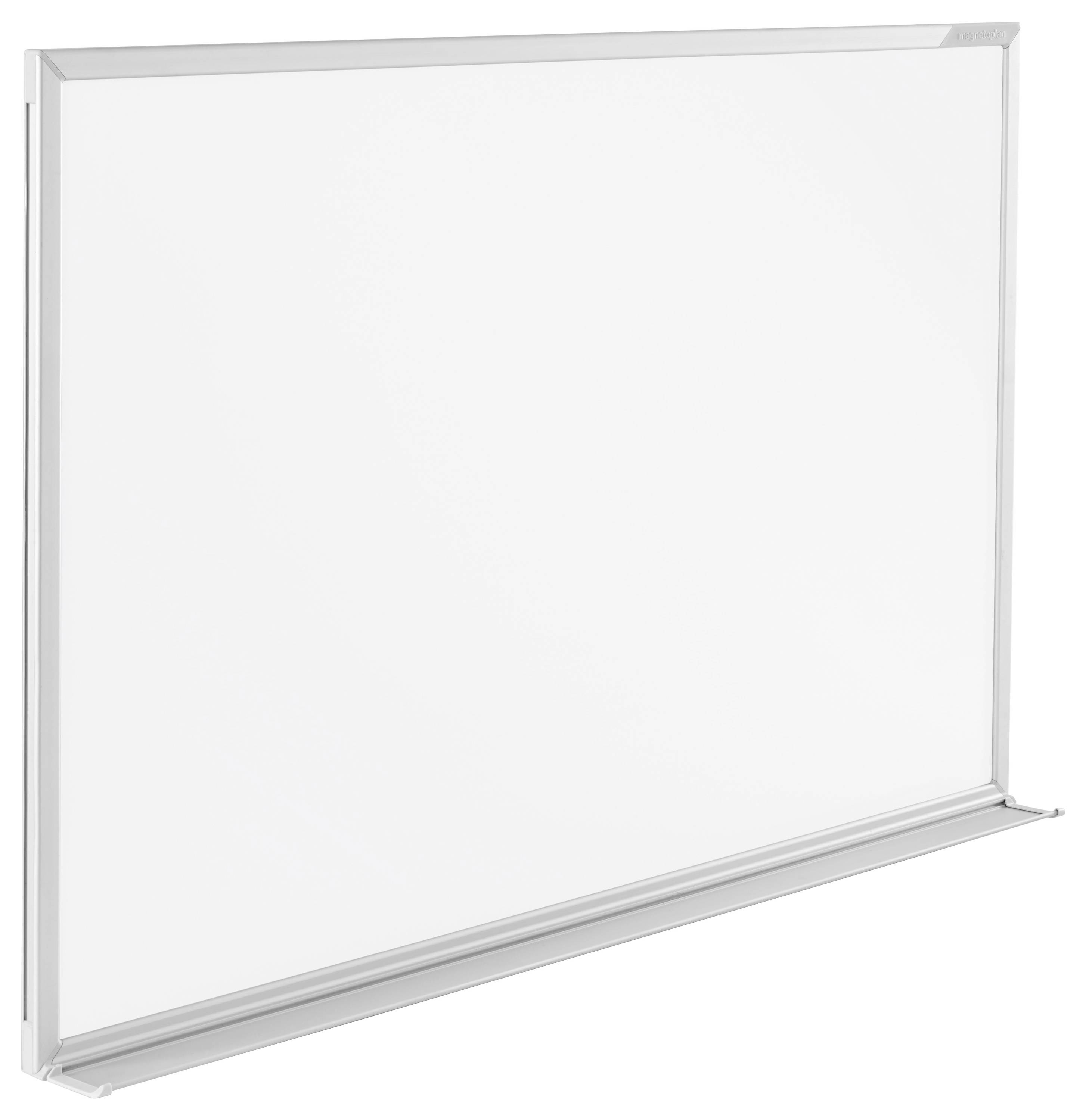 Weißes Präsentationsboard mit Aluminium-Rahmen und schmaler Ablage am unteren Rand, dargestellt auf weißem Hintergrund.