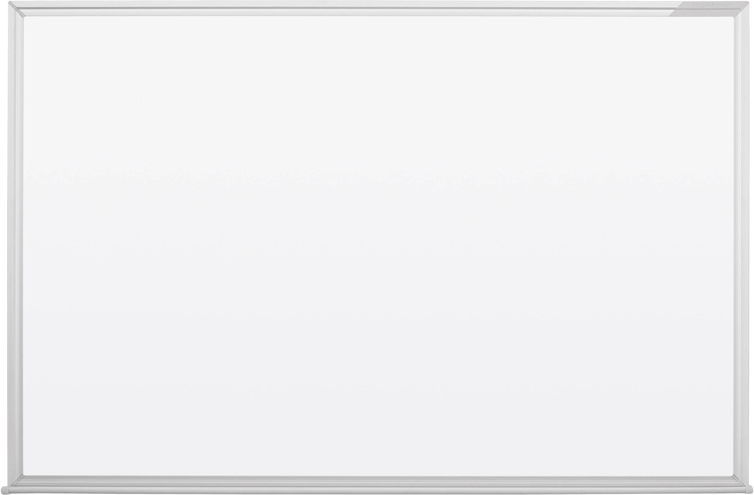 Weiße Tafel mit silbernem Rand, leer und bereit zum Schreiben.
