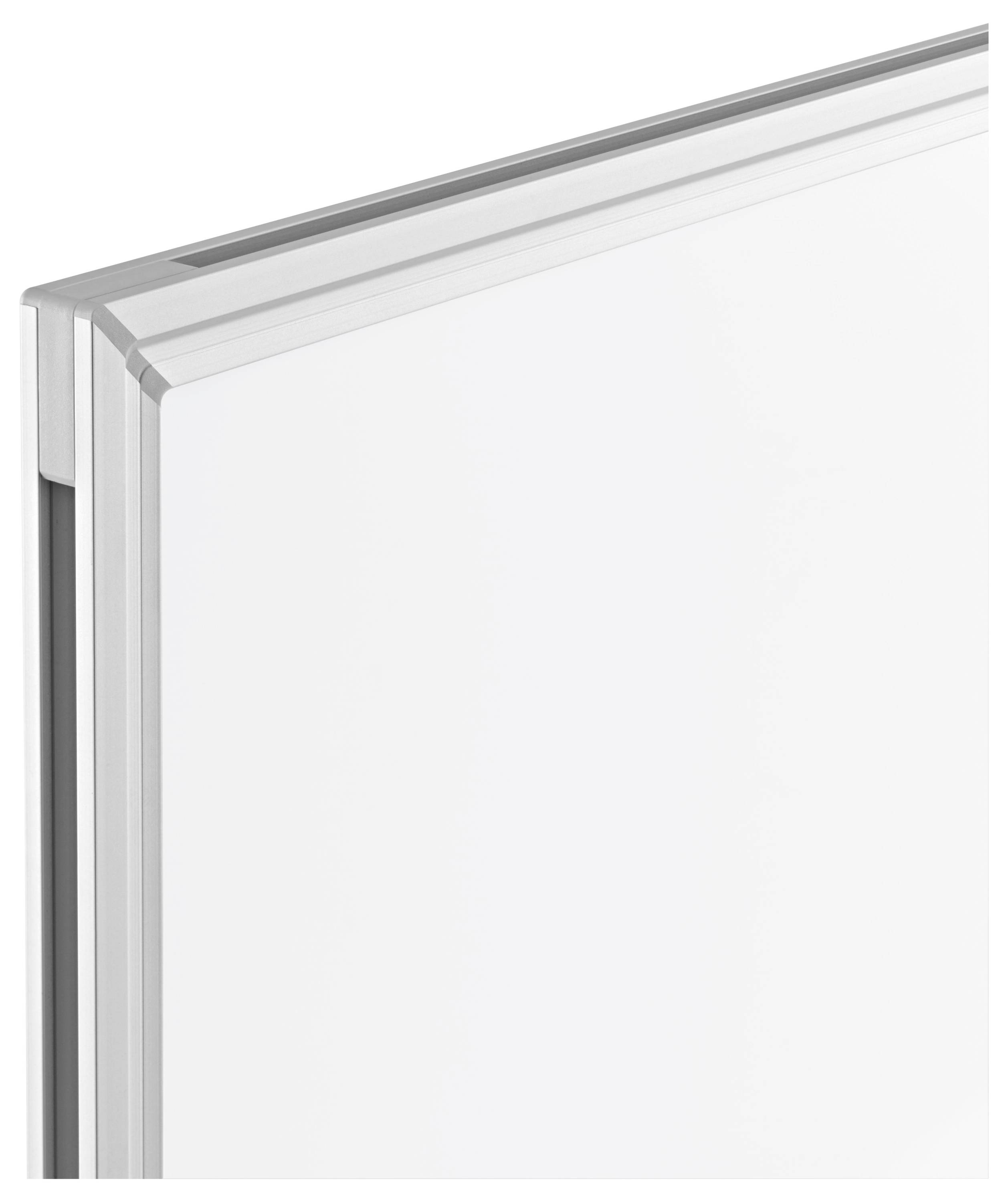 Nahaufnahme einer schlanken silbernen Aluminiumrahmenecke mit klarem Panel, dargestellt auf weißem Hintergrund.
