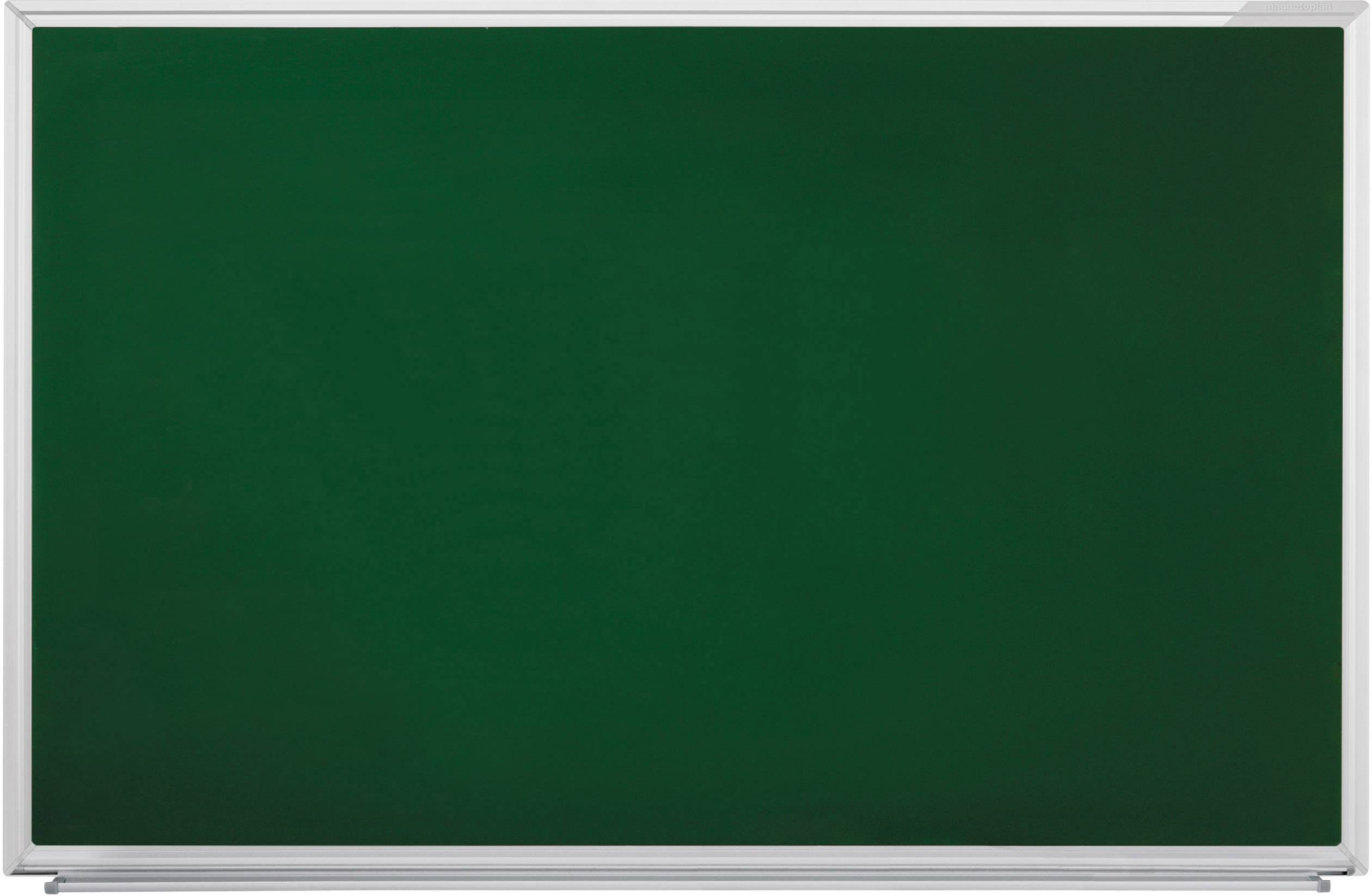 Eine leere grüne Tafel mit weißem Rahmen.