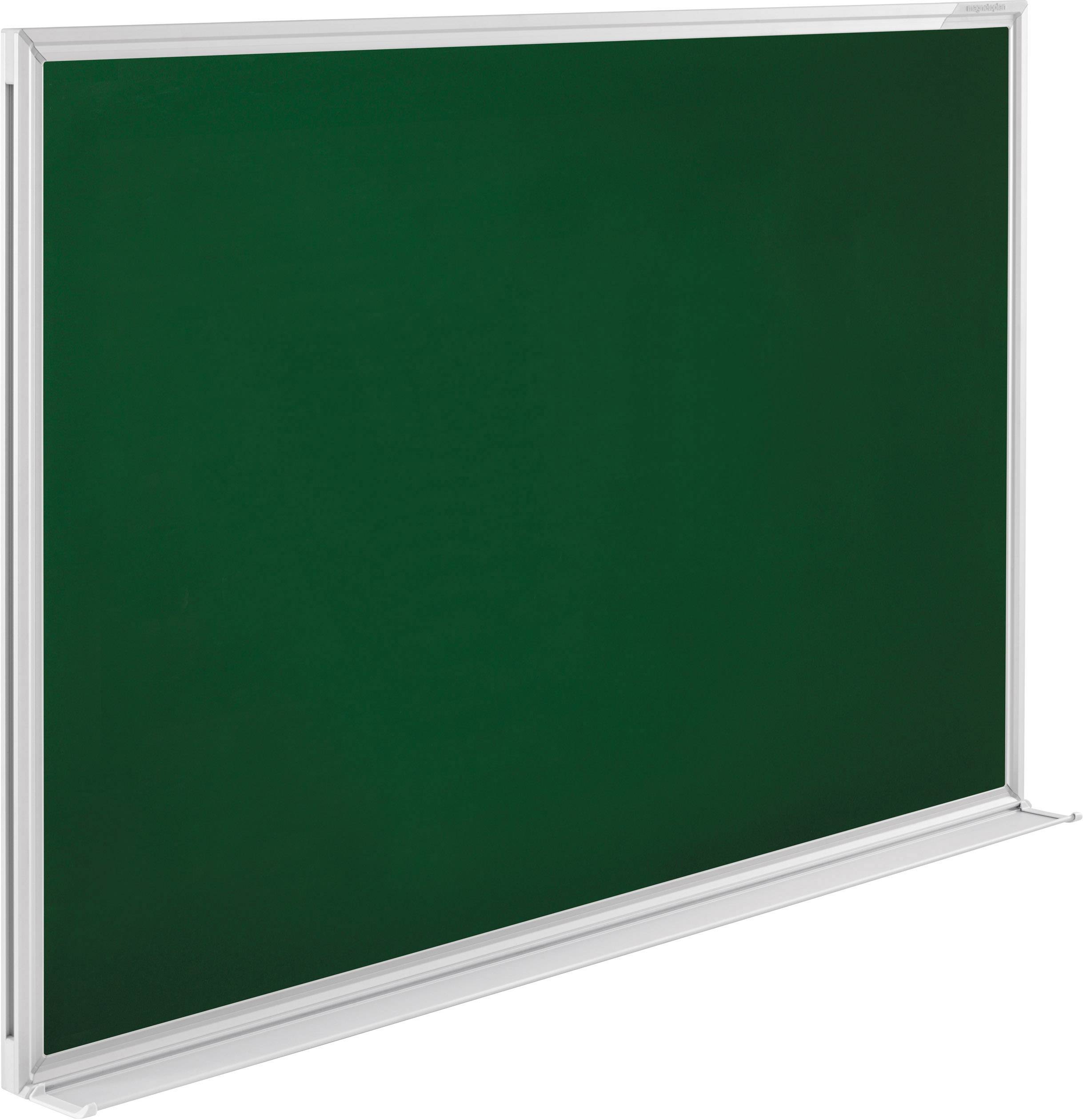 Eine grüne Tafel mit weißem Rahmen, typisches Werkzeug für Schulunterricht oder Präsentationen.
