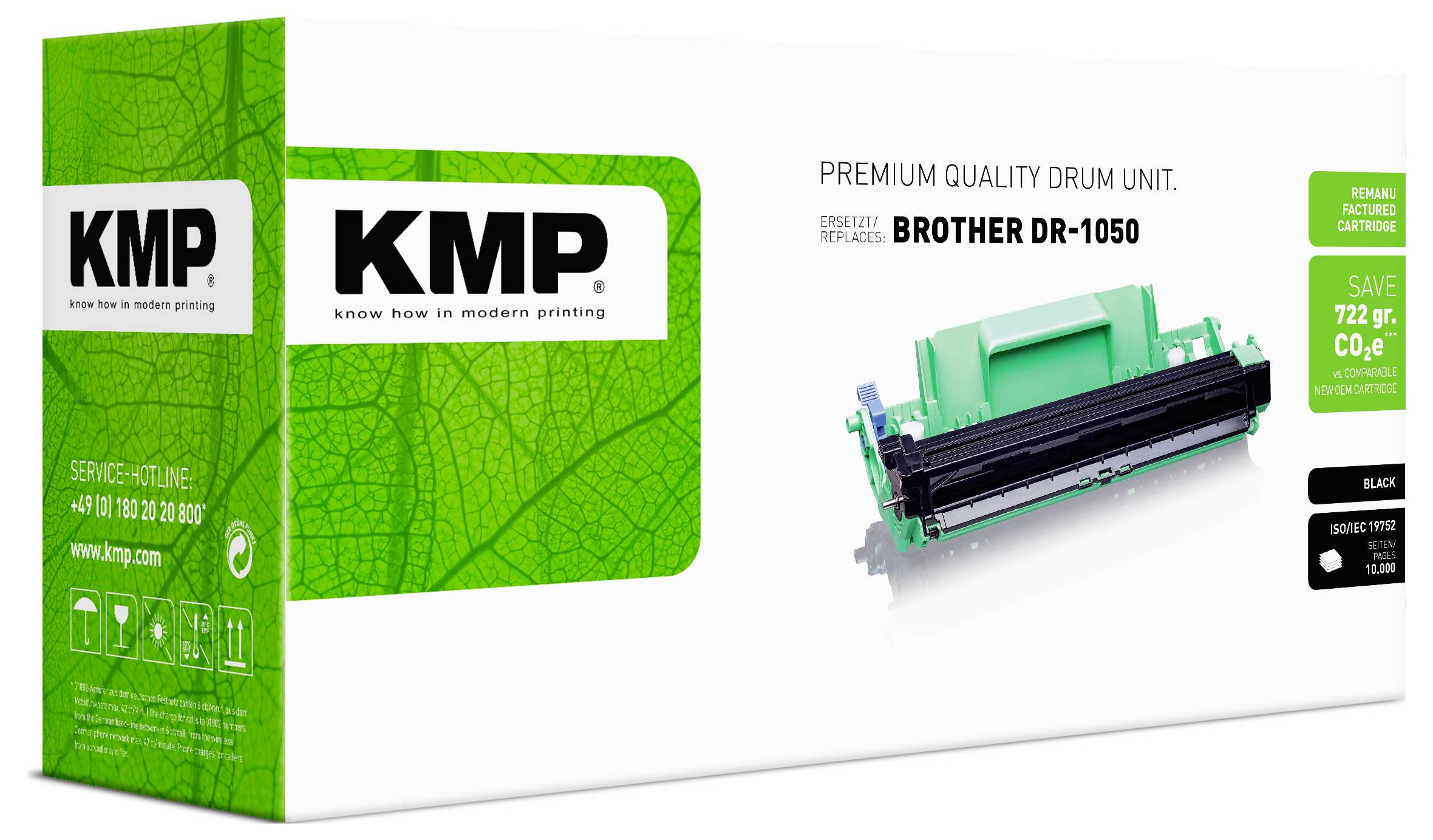 KMP-Druckertrommeln-Verpackung für Brother DR-1050, gekennzeichnet als Premium-Qualität und wiederaufbereitete Druckkartusche.