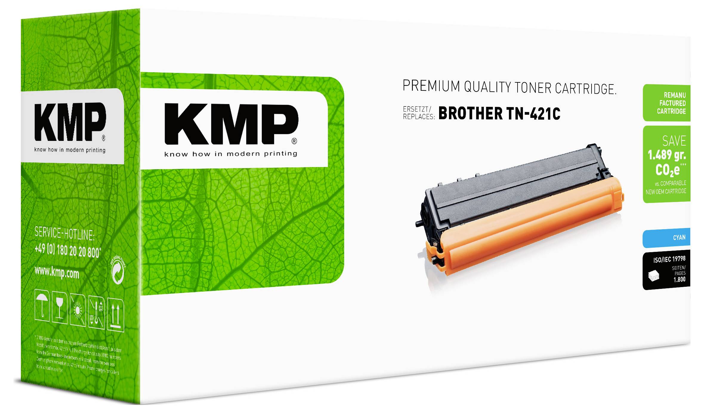 KMP Premium-Qualität Tonerkartuschenverpackung für Brother TN-421C, gezeigt mit orange-schwarzer Kartusche und grünem Schachtenentwurf.