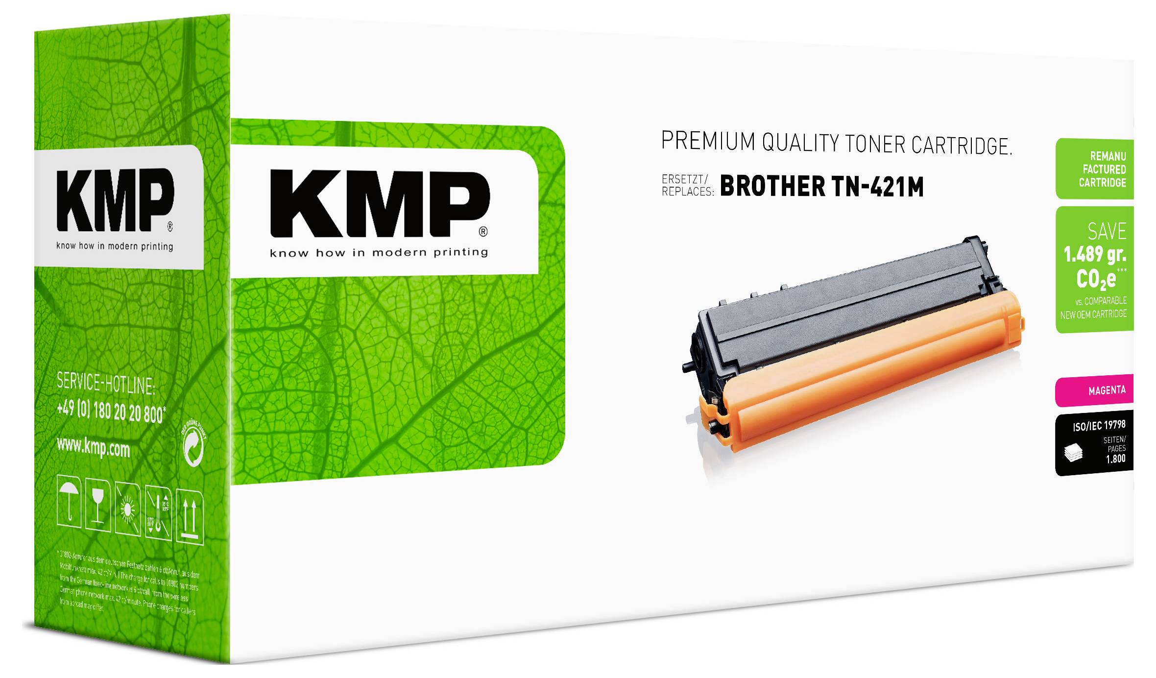 KMP Qualitäts-Tonerkassette in Premium-Verpackung für Brother TN-421M, gezeigt mit einer orange-schwarzen Kassette auf einer weißen Schachtel mit grünem Branding und Preisersparnis-Etiketten.