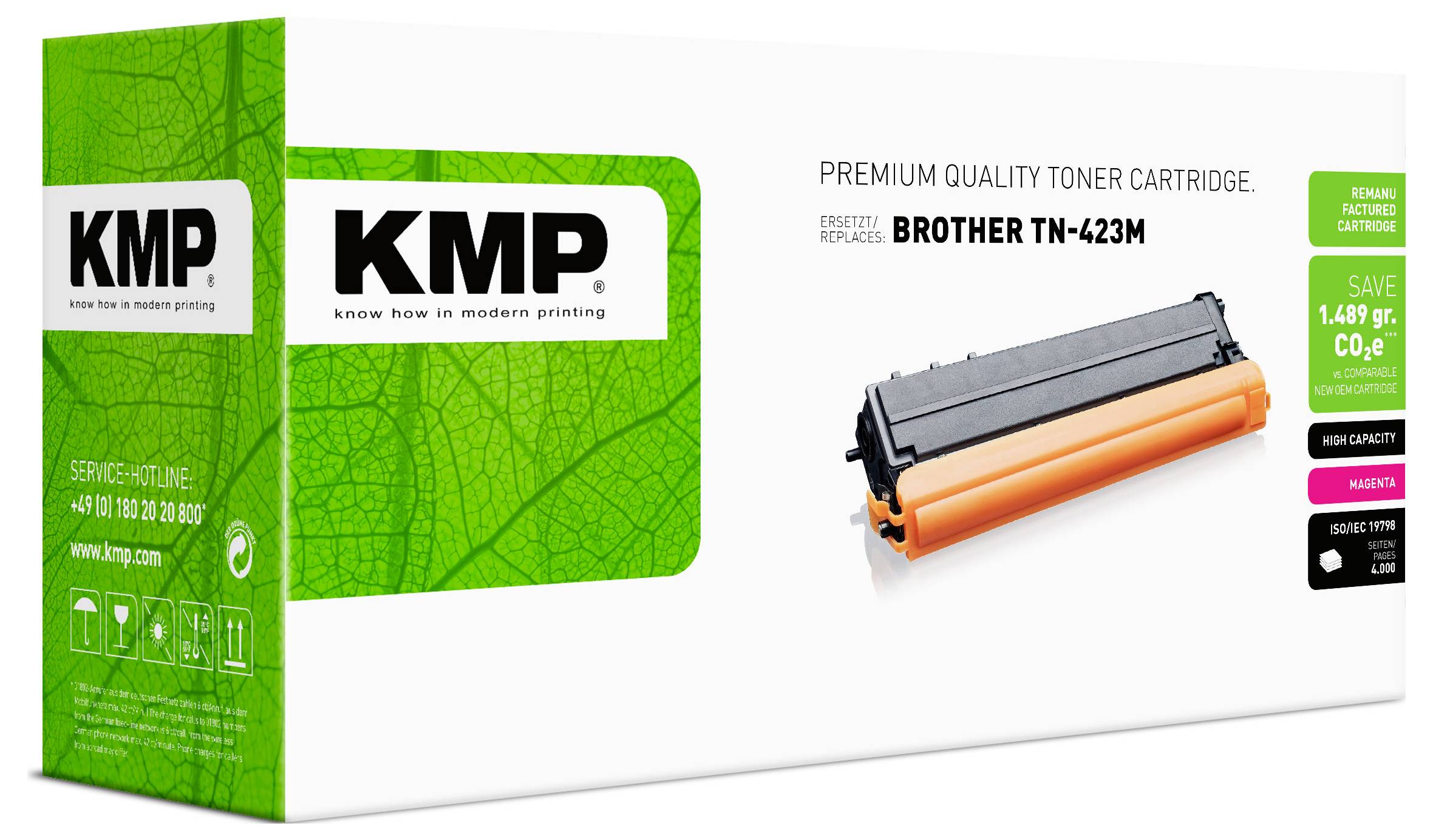 KMP Premium-Qualitäts-Tonerkartusche für Brother TN-423M, gezeigt mit orangefarbiger Kartusche und grüner Verpackung.