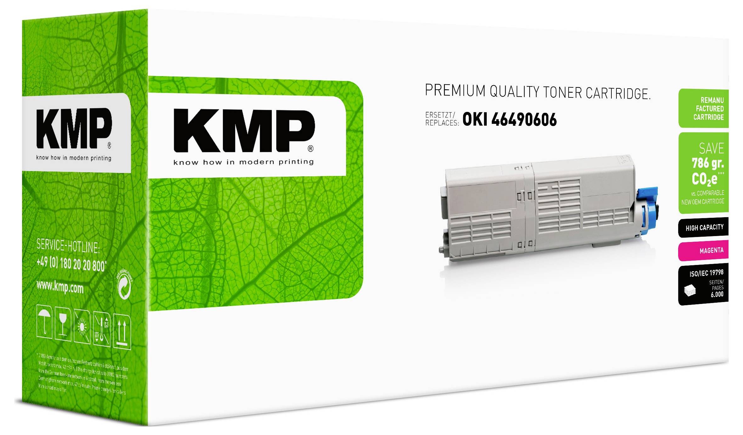 KMP Premium-Qualität Tonerkartusche Verpackung für OKI 46490606, gezeigt in einer grün-weißen Box mit Produktbild und Druckerkompatibilitätsetiketten.
