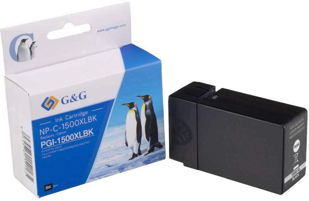 Druckerpatrone G&G NP-C-1500XLBK für Modelle PGI-1500XL, schwarzer Tintenbehälter, Verpackung zeigt Pinguine und Markenlogo.