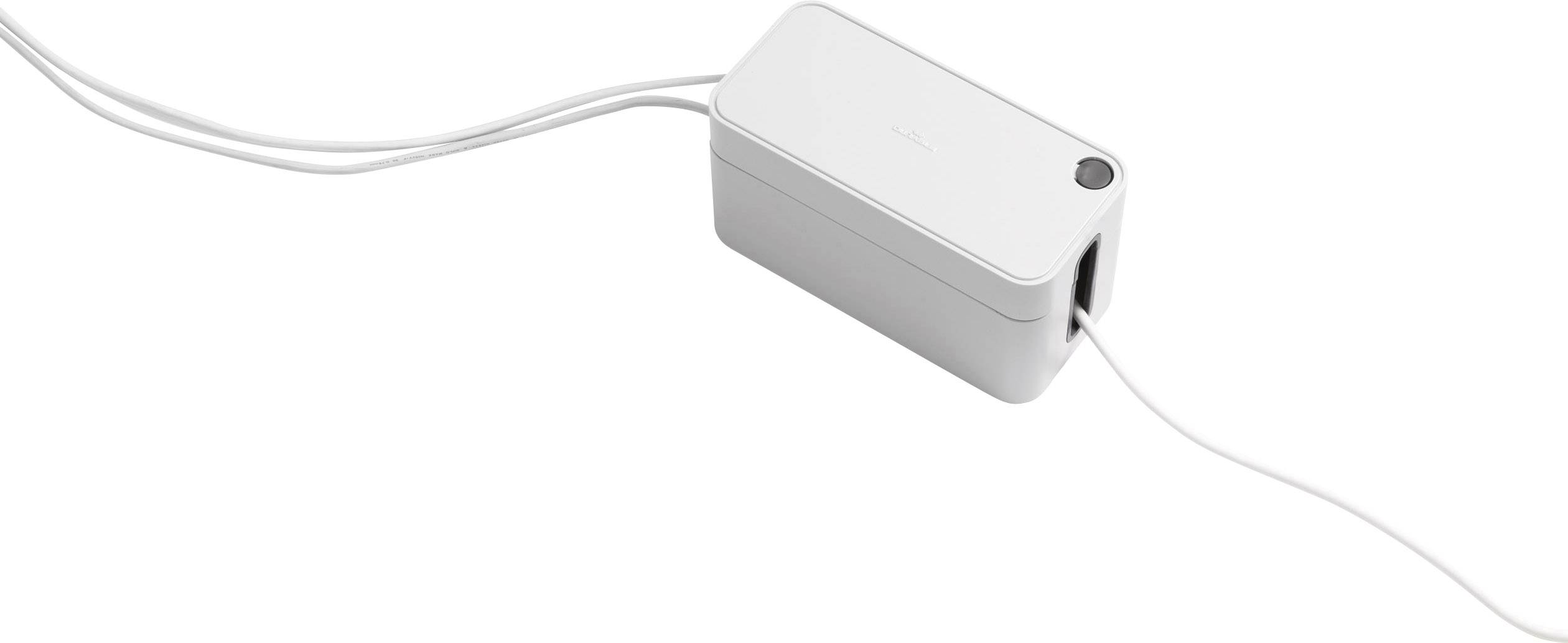 Weißer Kabelorganisator mit abgerundetem Deckel, aus dem zwei Kabel herausgeführt werden, um Kabelsalat zu verhindern.