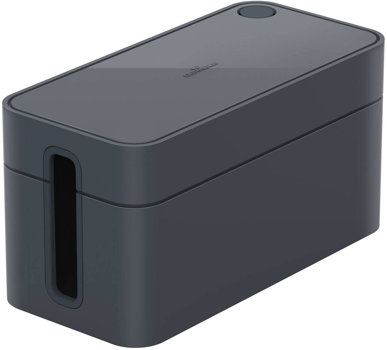 Eine schwarze Kabelbox zur Kabelorganisation mit einem Deckel zur einfachen Handhabung. Sie dient dazu, Kabel ordentlich und verborgen zu halten.