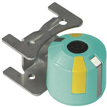 Metallsensorhalterung mit zylindrischem, grünem Sensor. Der Sensor ist an der Halterung befestigt und scheint für Industrieanwendungen bestimmt.