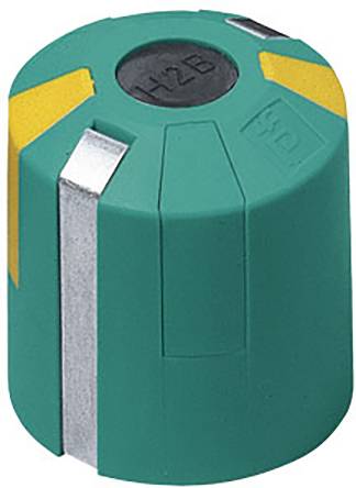 Grüner zylindrischer Knopf mit gelben Markierungen und silbernem Streifen, Aufschrift 'Top' sichtbar. Hauptsächlich industrielles Design.