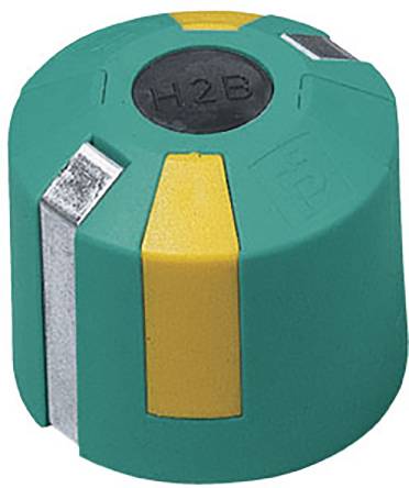 Grüner Kunststoffzylinder mit gelben und silbernen Akzenten, erkennbar als Teil eines mechanischen oder elektronischen Geräts.